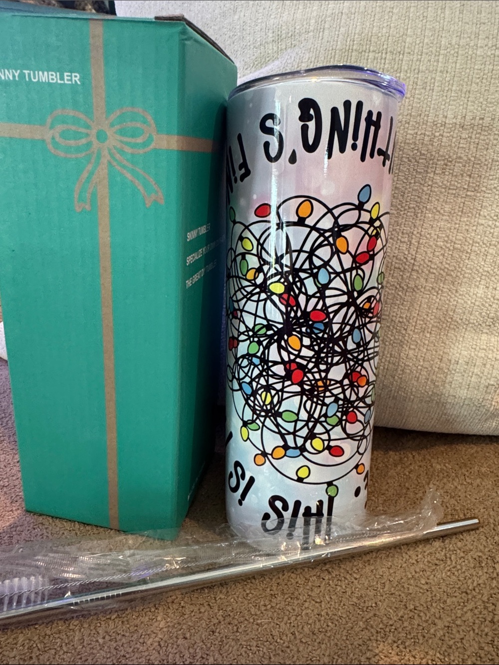 Holiday Lights Stainless Steel Tumbler - White with Multicolor Design